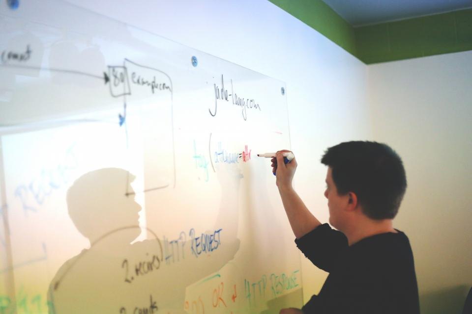 Team member mapping out a plan on an office whiteboard
