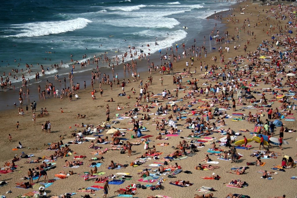 Crowded summer beach seen from above