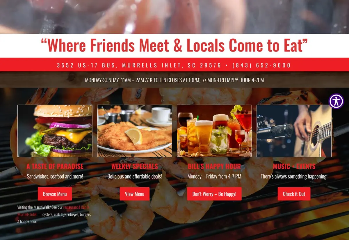 Barnacle Bill's homepage with the Where Friends Meet tagline, address strip, hours and four photo cards