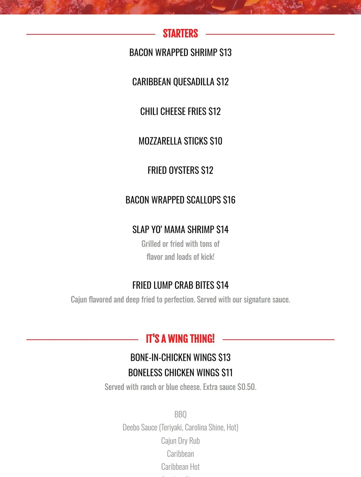 Barnacle Bill's web menu showing the Starters and It's a Wing Thing sections