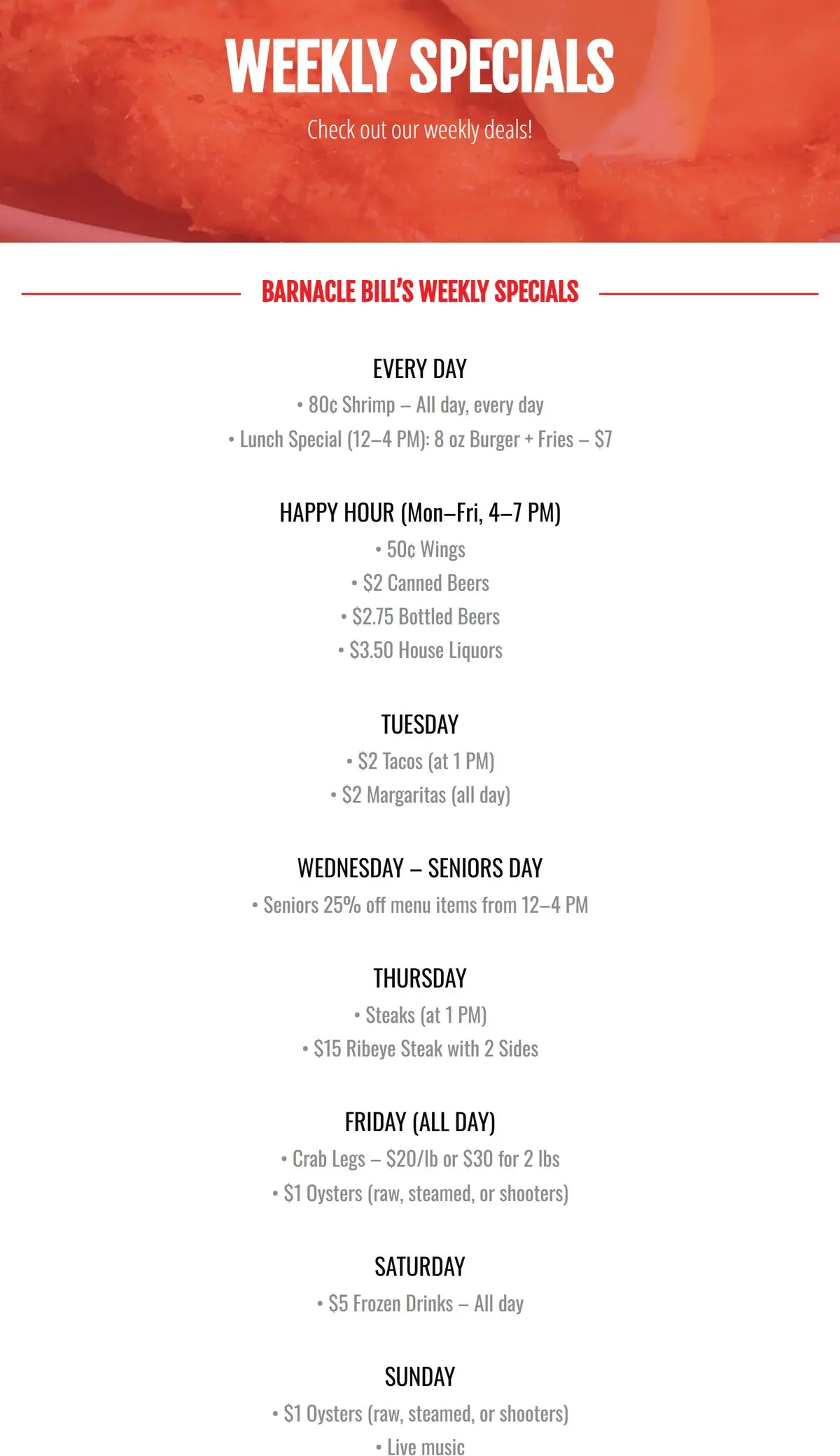 Weekly Specials page listing deals for every day of the week