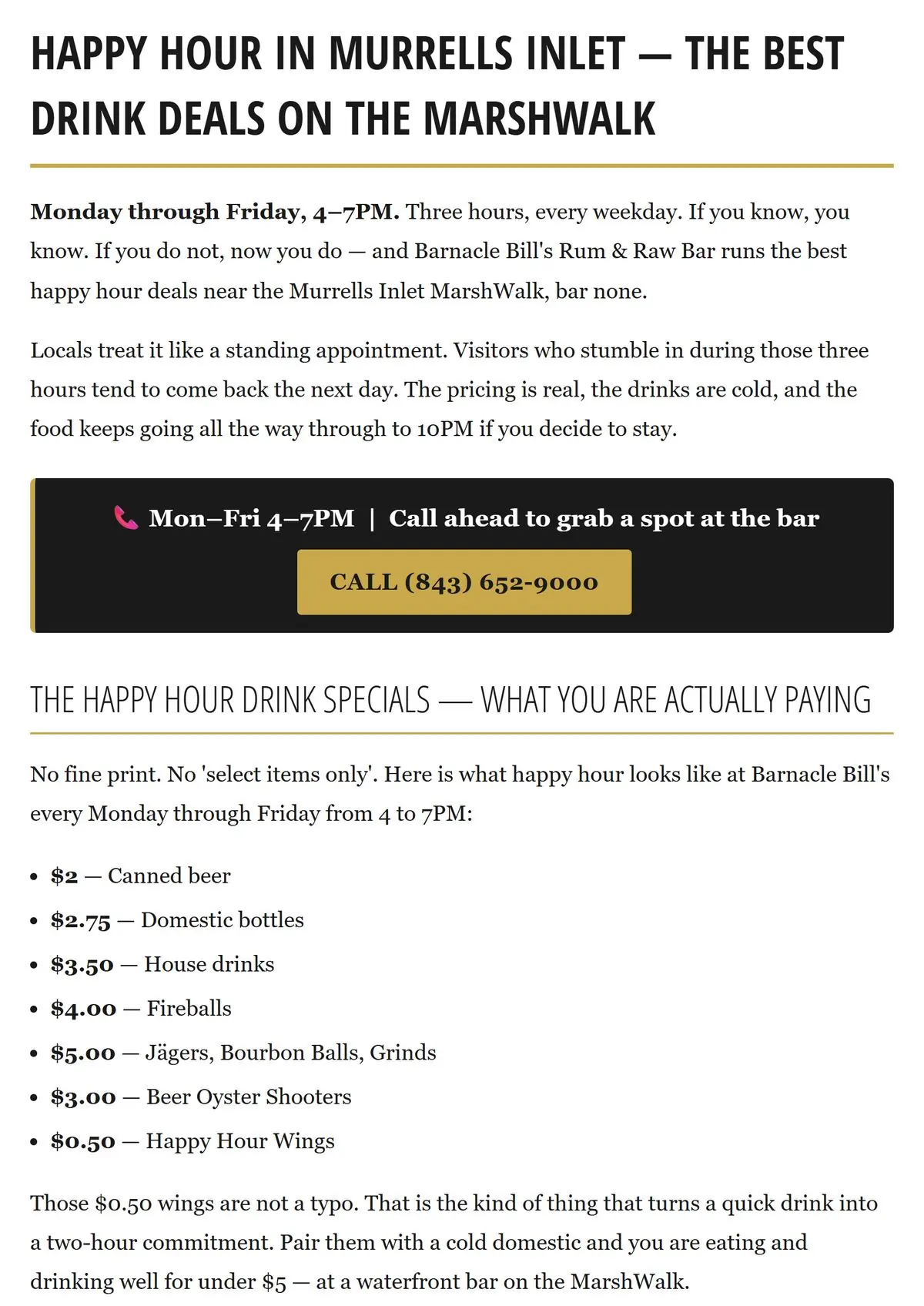 Happy Hour in Murrells Inlet page with a call-ahead box and a list of drink specials