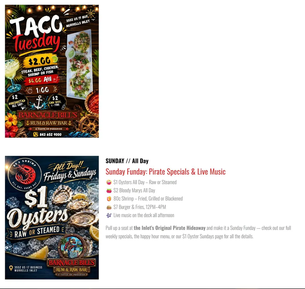 Live Music and Events page with Taco Tuesday and Sunday Funday flyers and event details