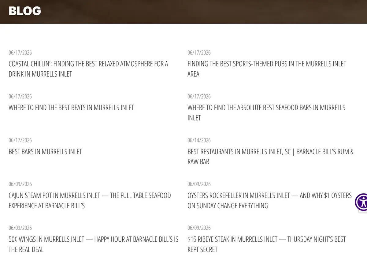 Barnacle Bill's blog listing posts about bars, seafood and happy hour in Murrells Inlet