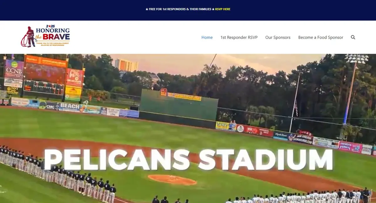 Top banner reading 'Free for 1st Responders & Their Families, RSVP Here' above the Honoring the Brave logo, navigation and a Pelicans Stadium video hero