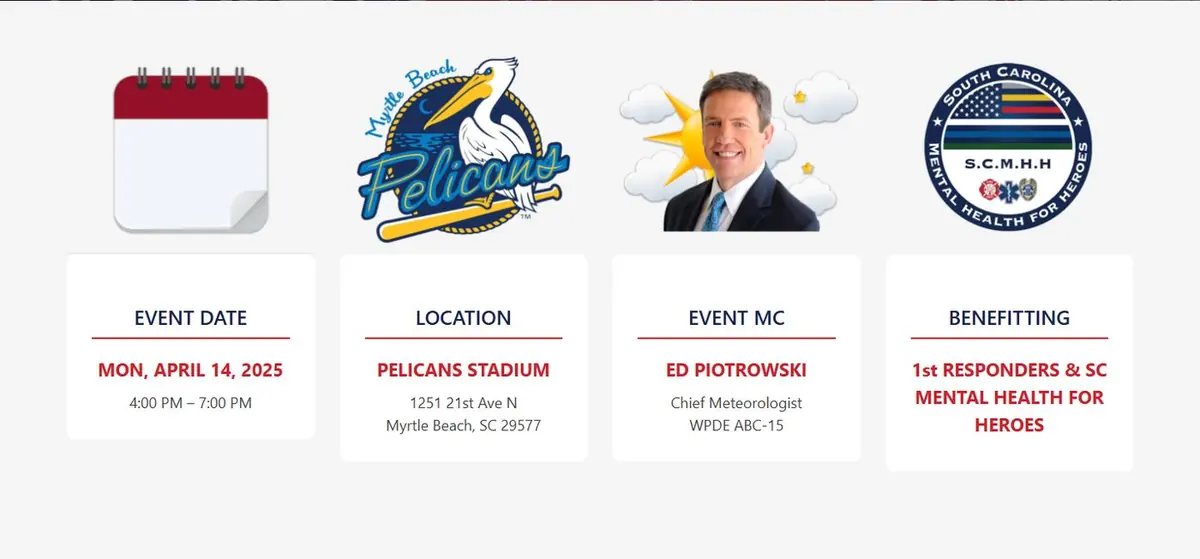 Four event detail cards: Event Date Mon, April 14, 2025, 4 to 7 PM; Location Pelicans Stadium; Event MC; Benefitting 1st Responders and SC Mental Health for Heroes