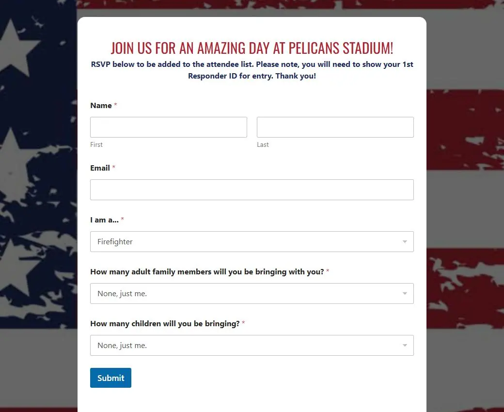 1st Responder RSVP form with name, email, an 'I am a...' responder type dropdown, and dropdowns for adult family members and children