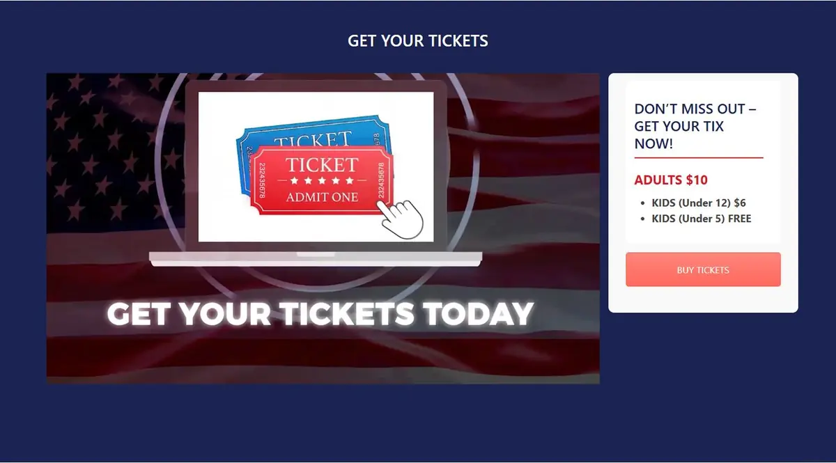 Get Your Tickets section with a promotional video beside a price card listing adult and kids prices and a Buy Tickets button