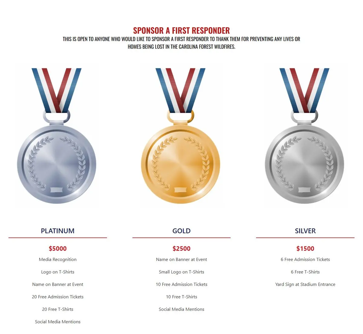 Sponsor a First Responder section showing Platinum, Gold and Silver medals with each tier's price and perks