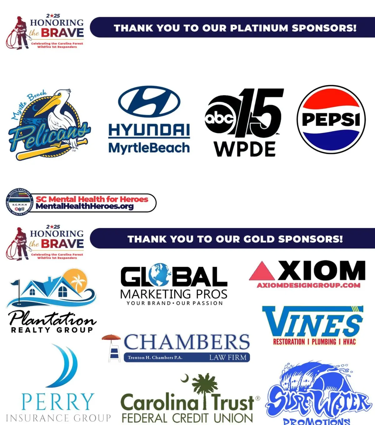 Our Sponsors page with branded 'Thank you to our Platinum Sponsors' and 'Gold Sponsors' banners above local business logos