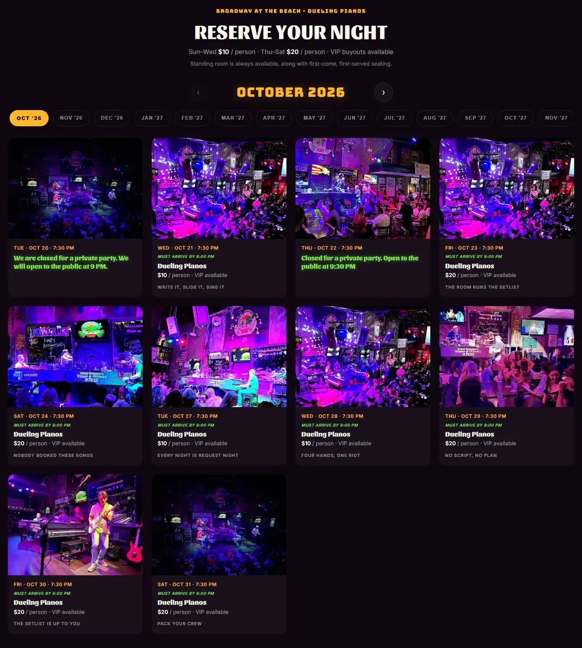 Crocodile Rocks 'Reserve Your Night' calendar showing October show cards with dates, prices and private-party notices