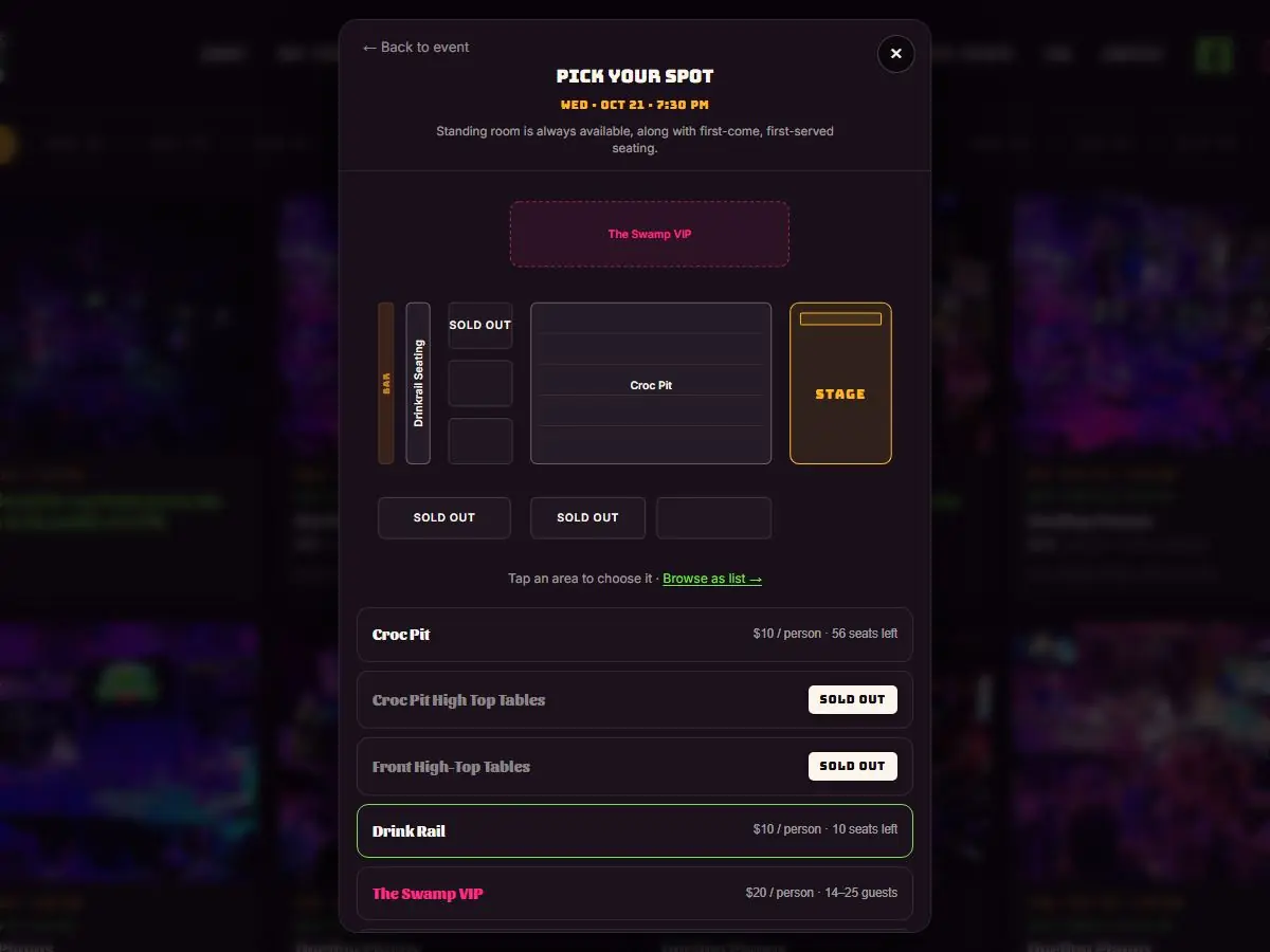 Pick Your Spot seat map with stage, bar, Croc Pit and VIP zones, plus a price and availability list