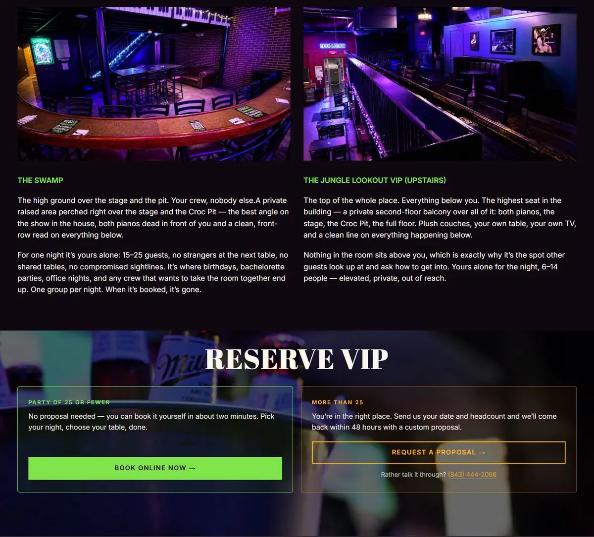 VIP Experience page showing The Swamp and Jungle Lookout areas and the Reserve VIP booking options