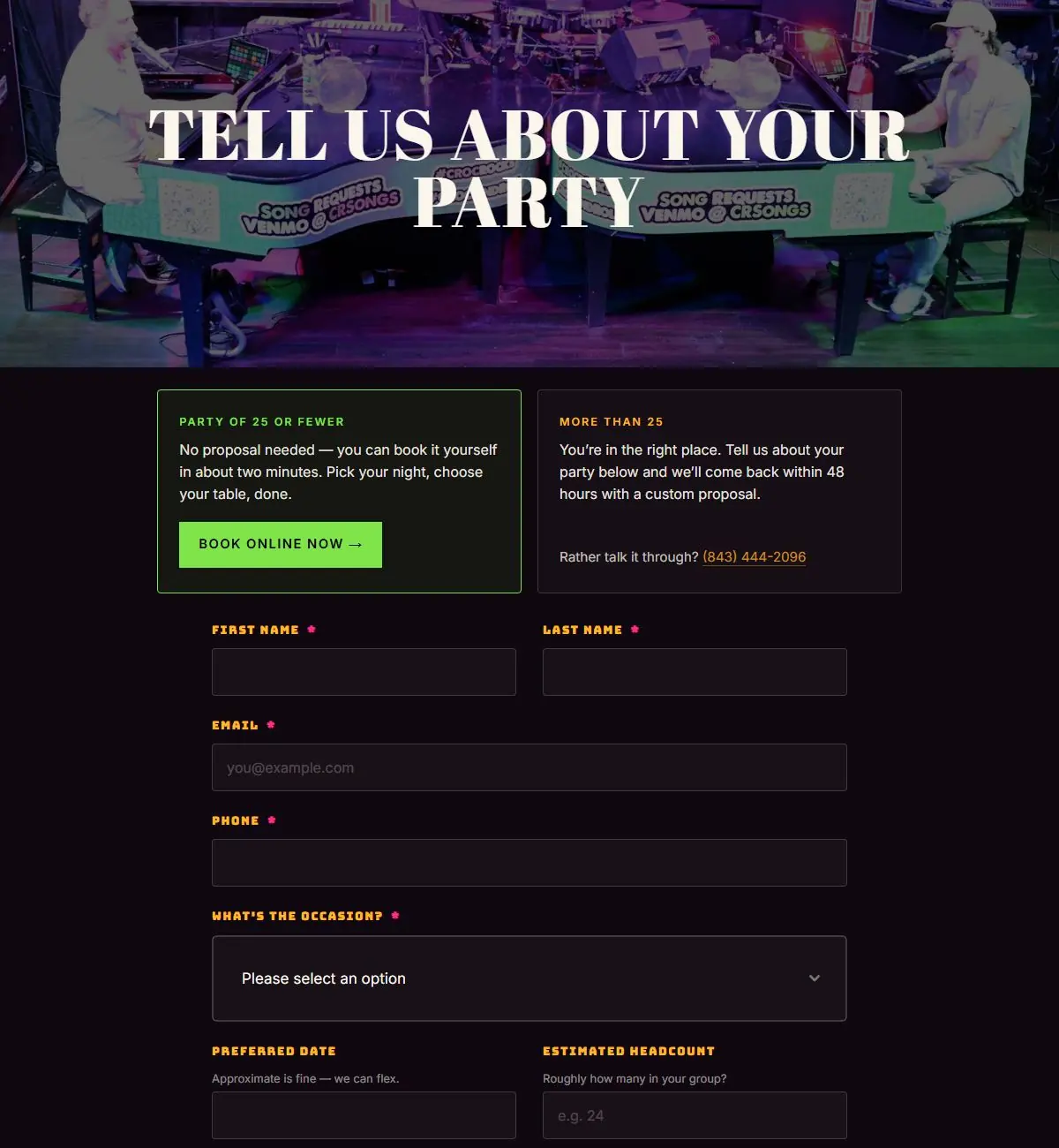 Tell Us About Your Party section with the book-online option for small groups and the private event inquiry form