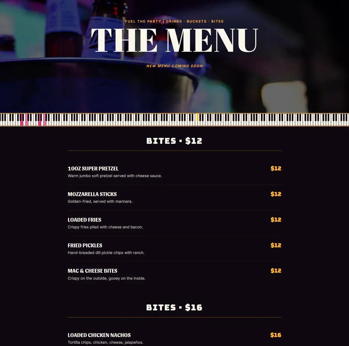 Crocodile Rocks web menu with bites, descriptions and prices