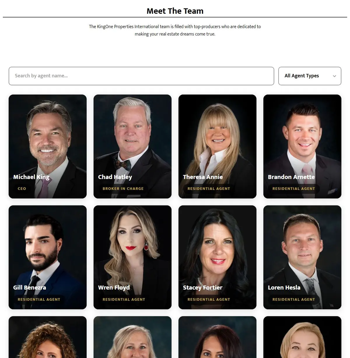 Agent directory with a search box, agent type filter and photo cards for each agent