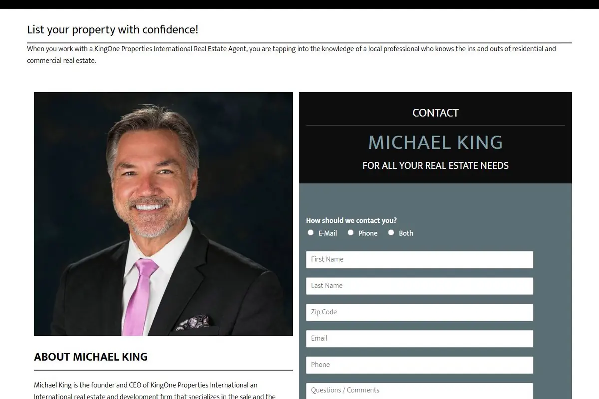 Agent profile page with photo and a contact form for that agent
