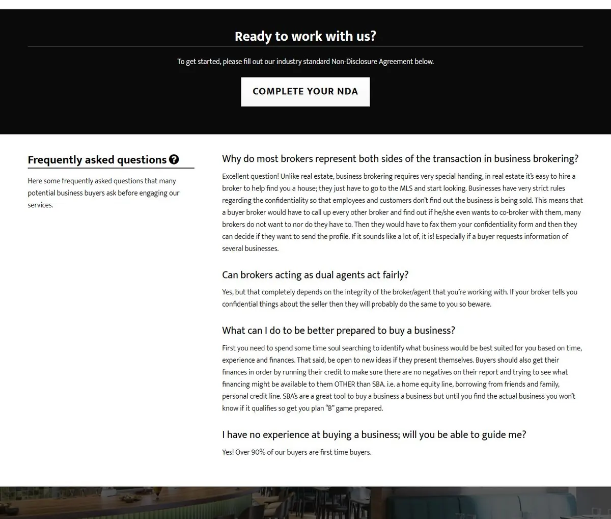 Commercial page with a Complete Your NDA call to action and a frequently asked questions section