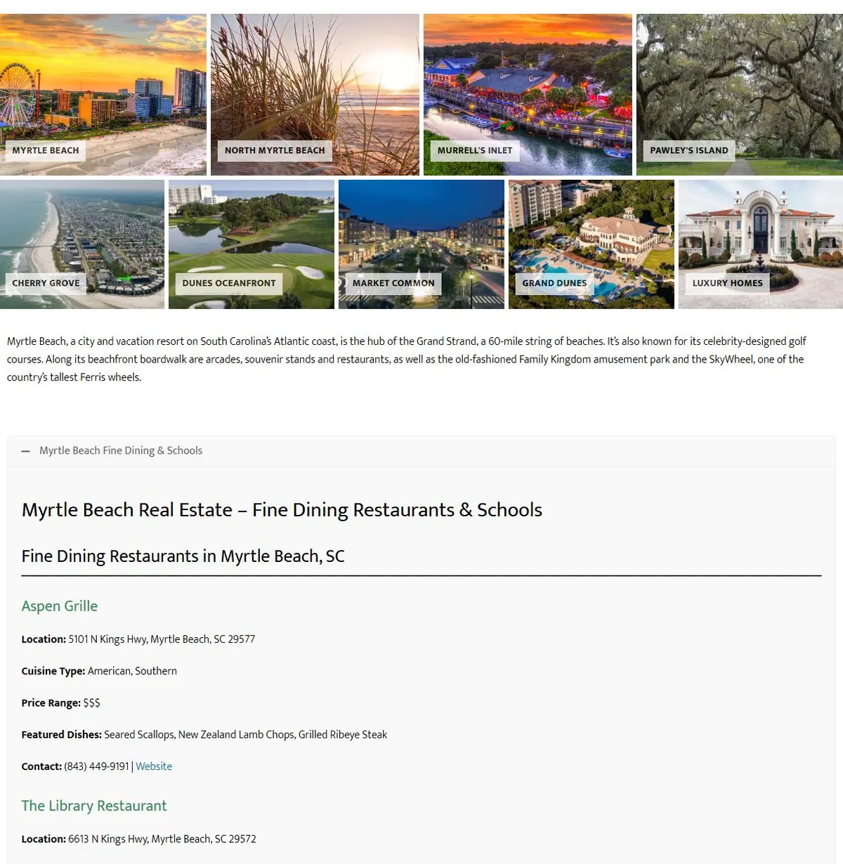 Myrtle Beach market page with neighborhood photo tiles and an open dining and schools guide