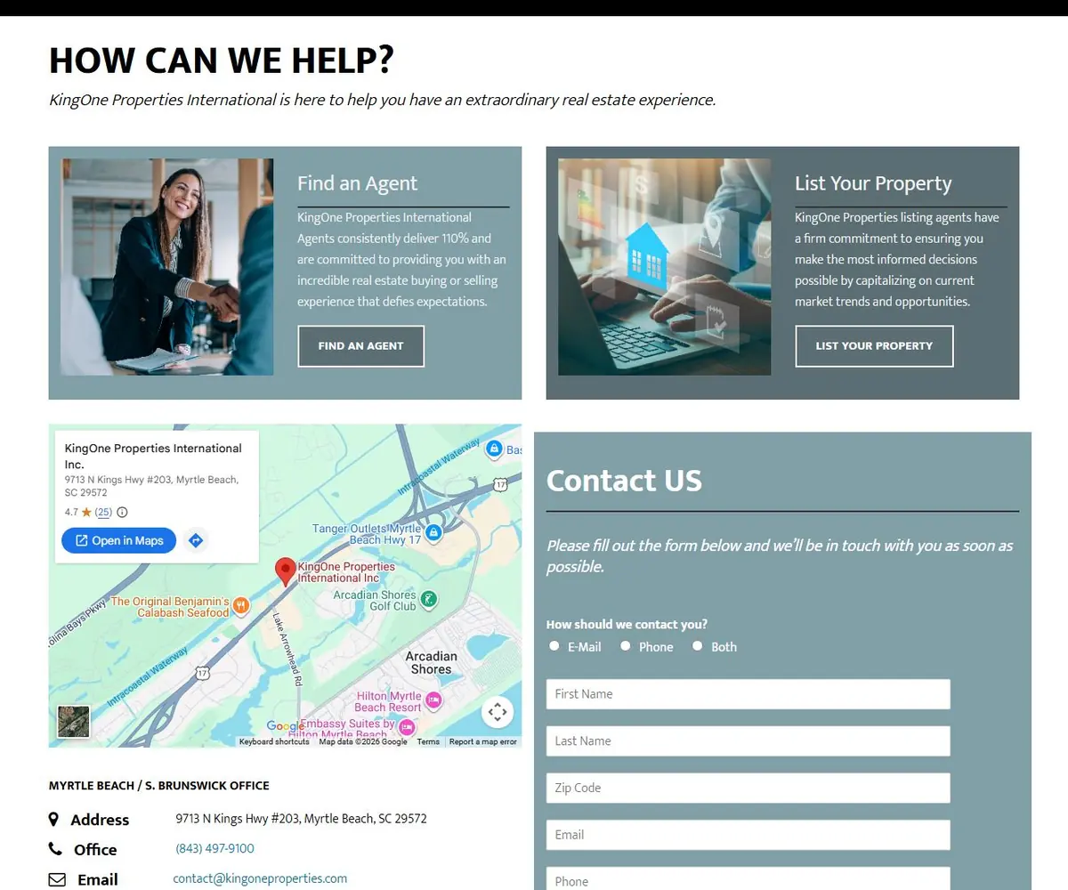 Contact page with Find an Agent and List Your Property options, office map and contact form