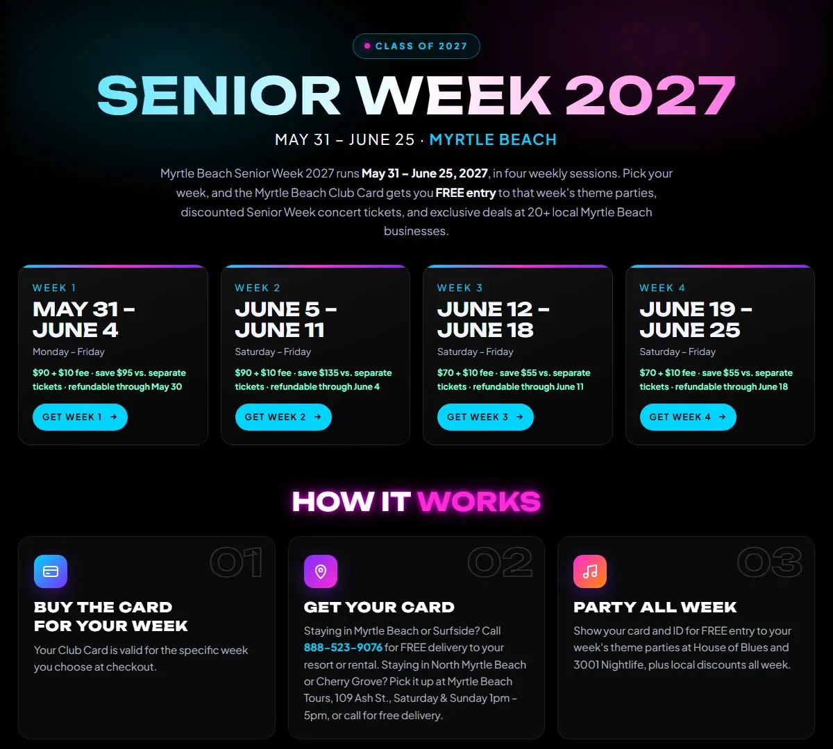 Homepage Senior Week 2027 section with four week cards and a three-step How It Works section
