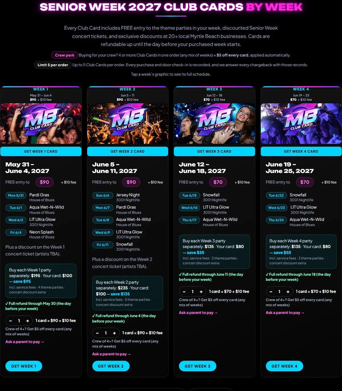 Get My Card page with four week-by-week club card columns showing party lineups, prices, savings and quantity selectors