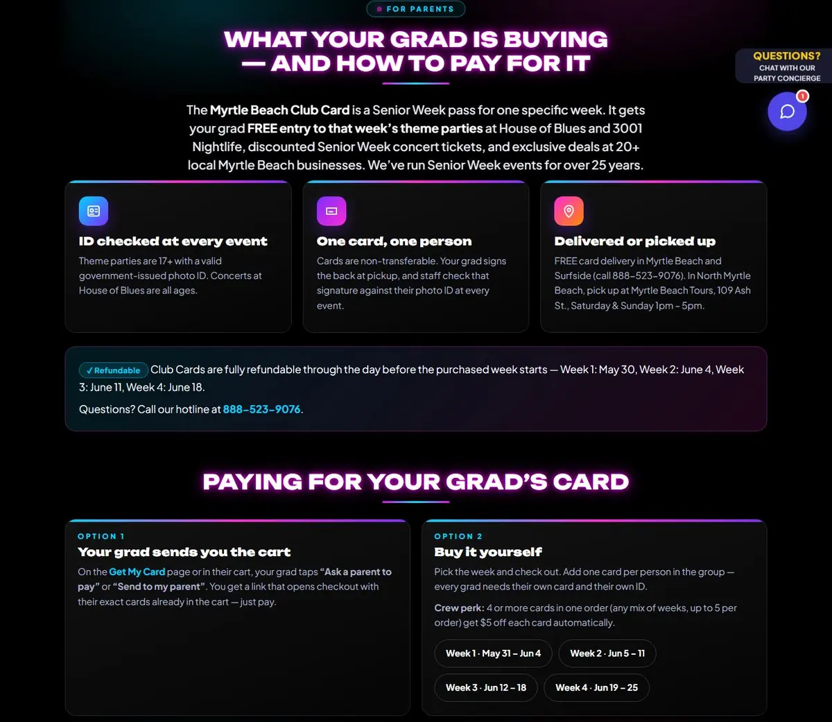 Parents page titled What Your Grad Is Buying and How to Pay for It, with ID, delivery and refund details and two payment options