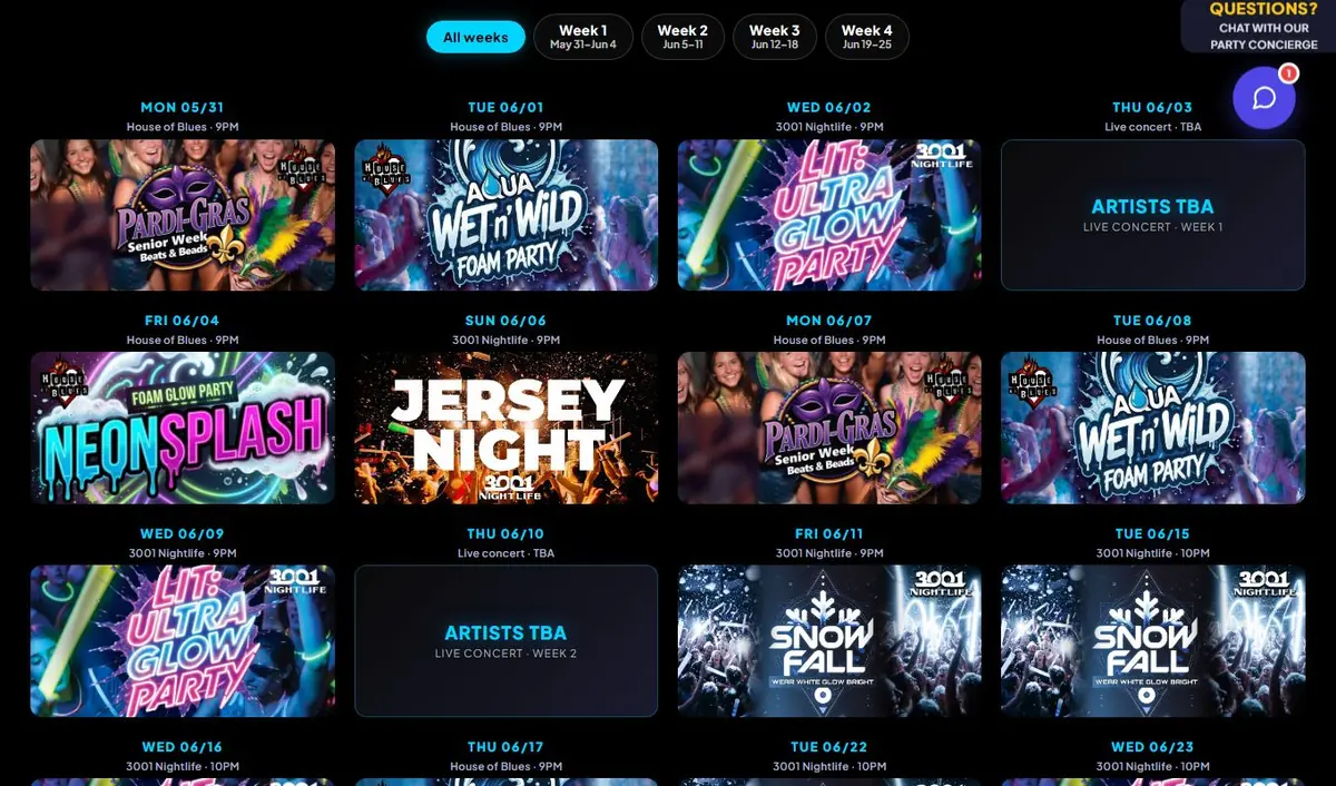 Senior Week 2027 Event Schedule with week filter tabs and a grid of themed party flyers with dates and venues