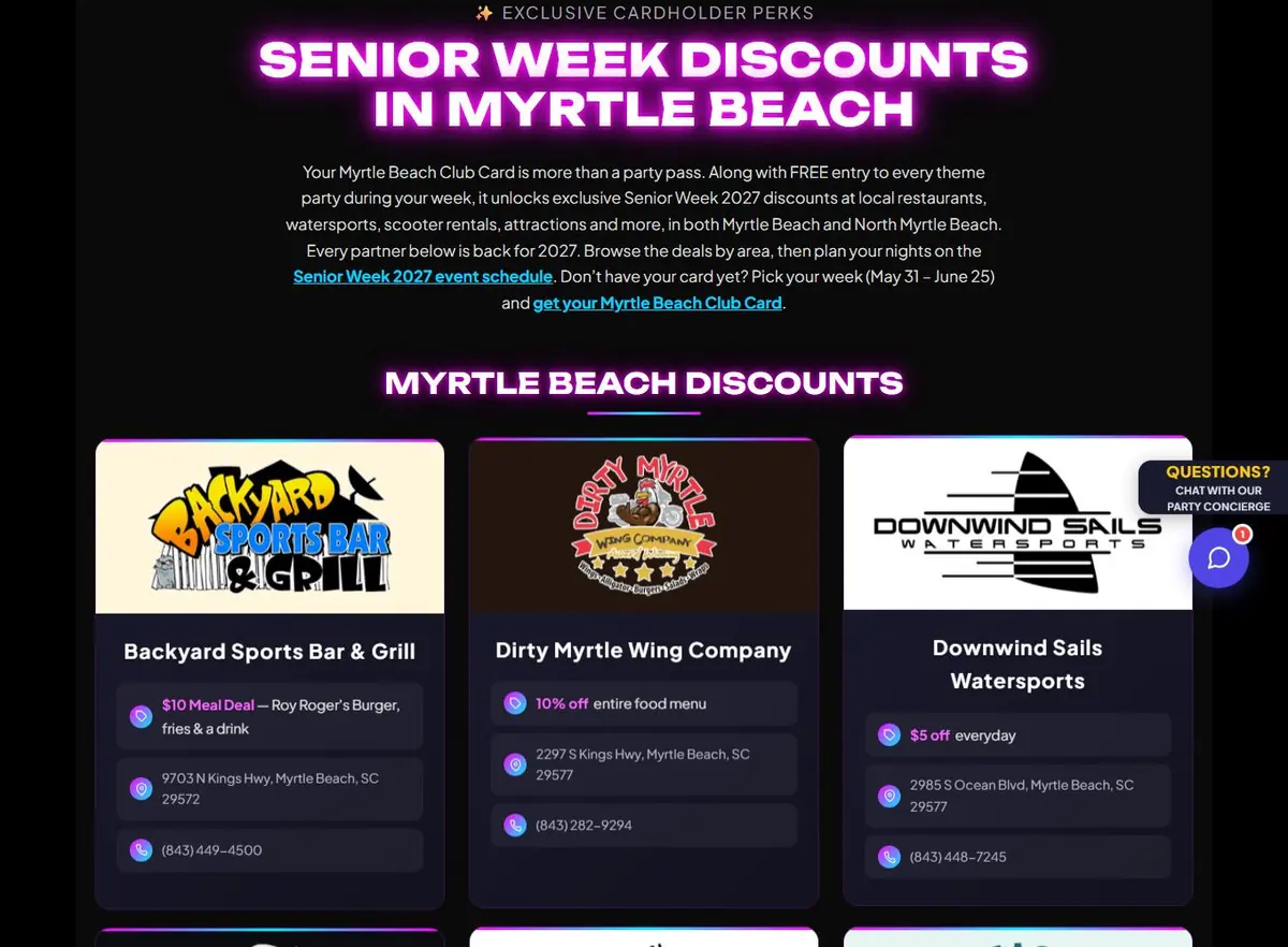 Senior Week Discounts in Myrtle Beach page with partner cards showing logos, deals, addresses and phone numbers