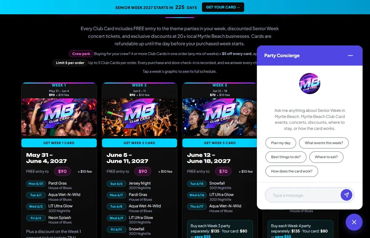 Party Concierge chat window open over the Get My Card page, with starter prompts and a Senior Week countdown bar at the top
