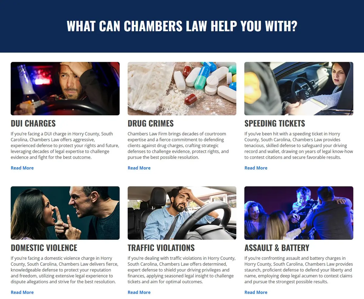Homepage practice-area grid with DUI, drug crimes, speeding, domestic violence, traffic violations and assault cards