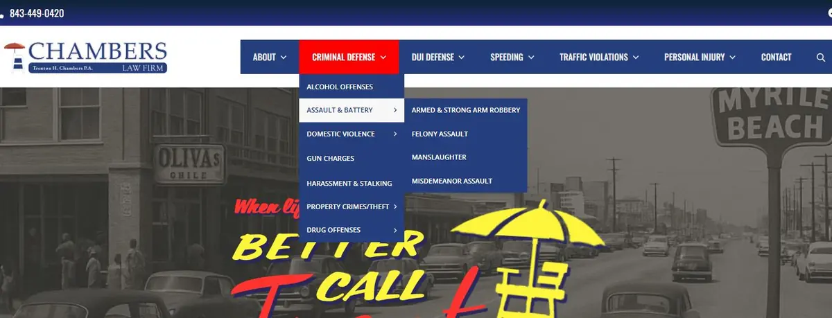 Navigation menu open on Criminal Defense with the Assault & Battery flyout listing specific charges