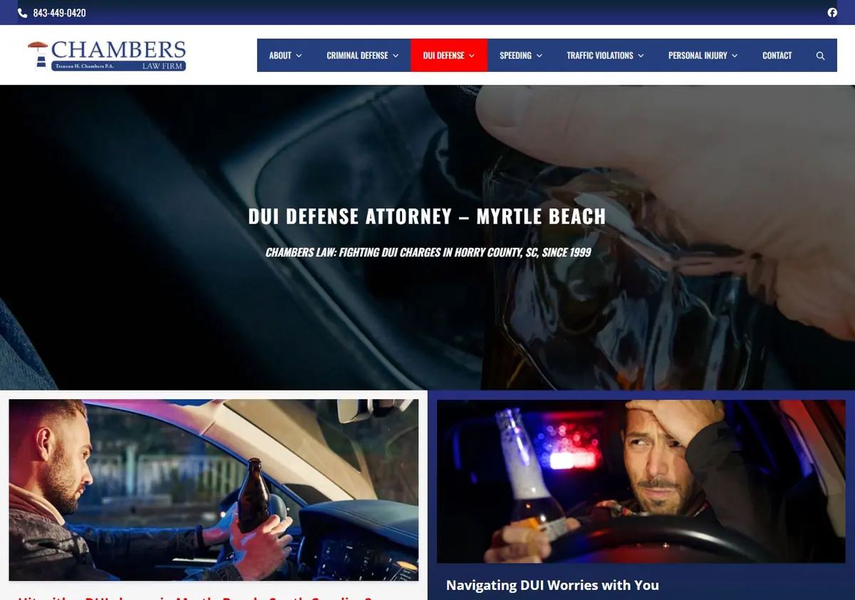 DUI Defense landing page with the practice-area navigation and hero section