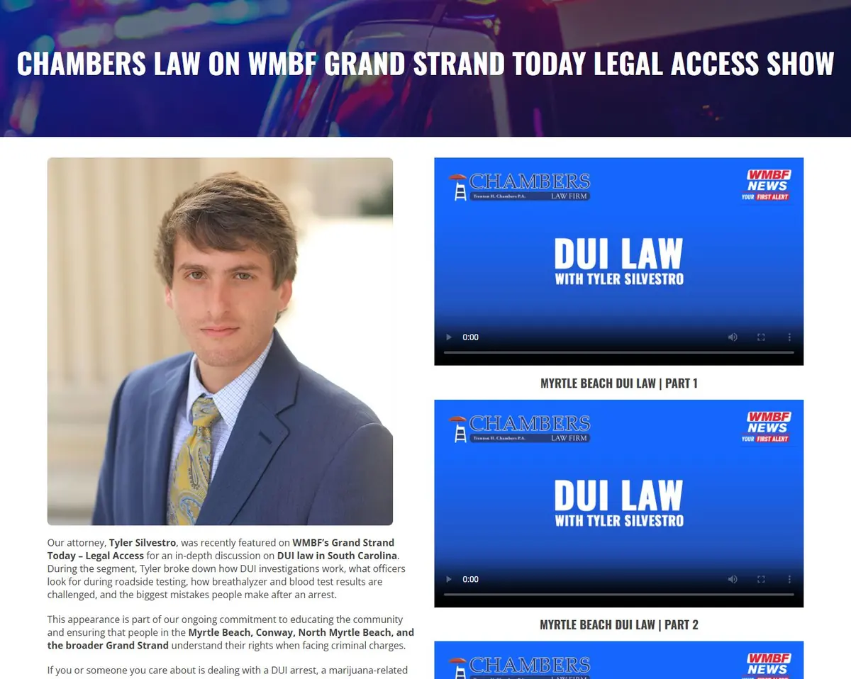 WMBF Grand Strand Today section with an attorney photo, summary text and embedded DUI law video segments