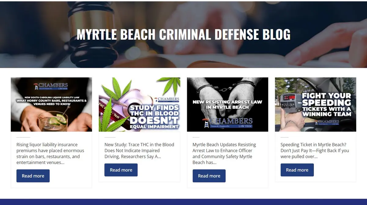 Myrtle Beach Criminal Defense Blog section with four recent article cards
