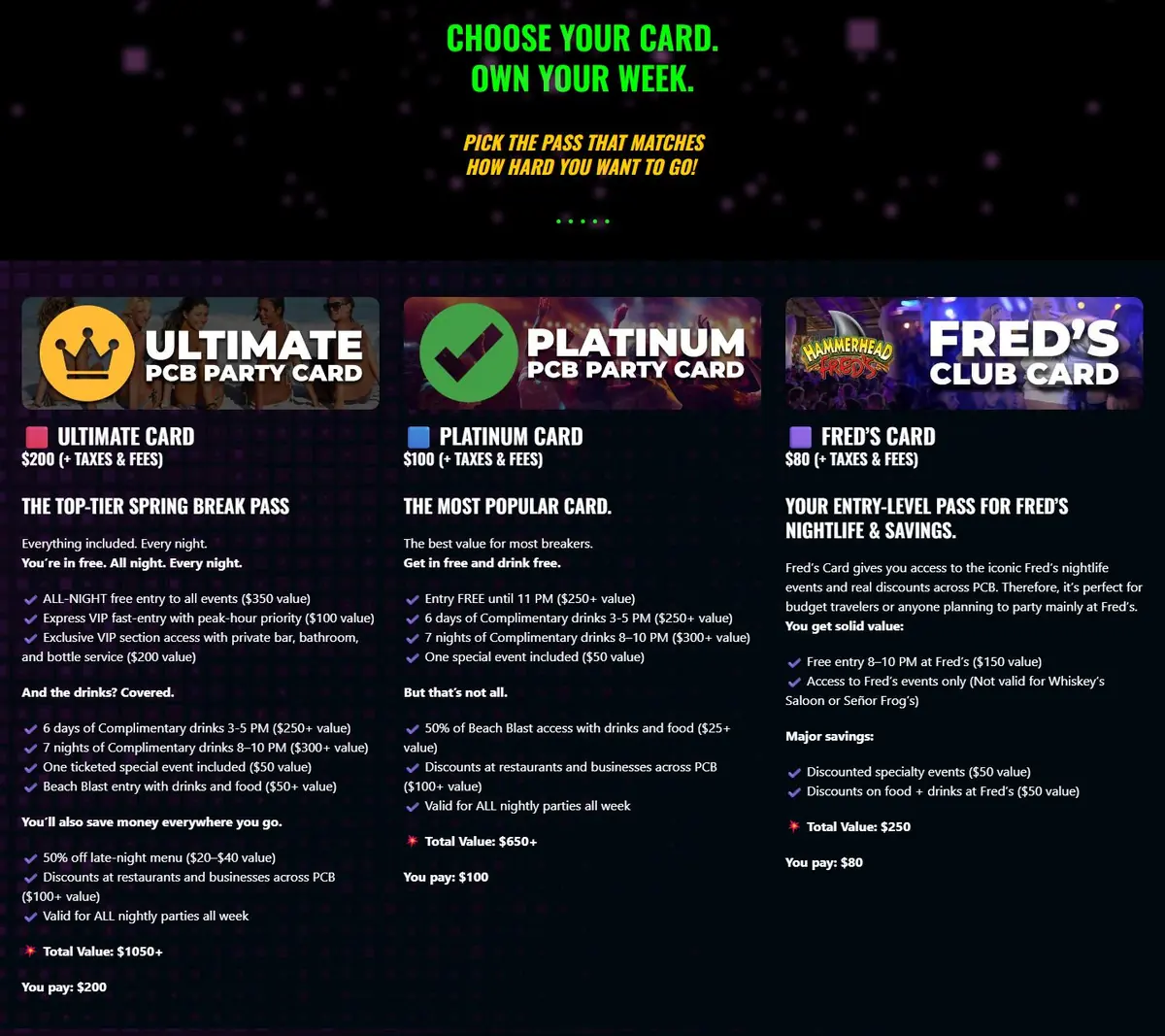 Get My Card page comparing Ultimate, Platinum and Fred's Club Card tiers with prices and included perks