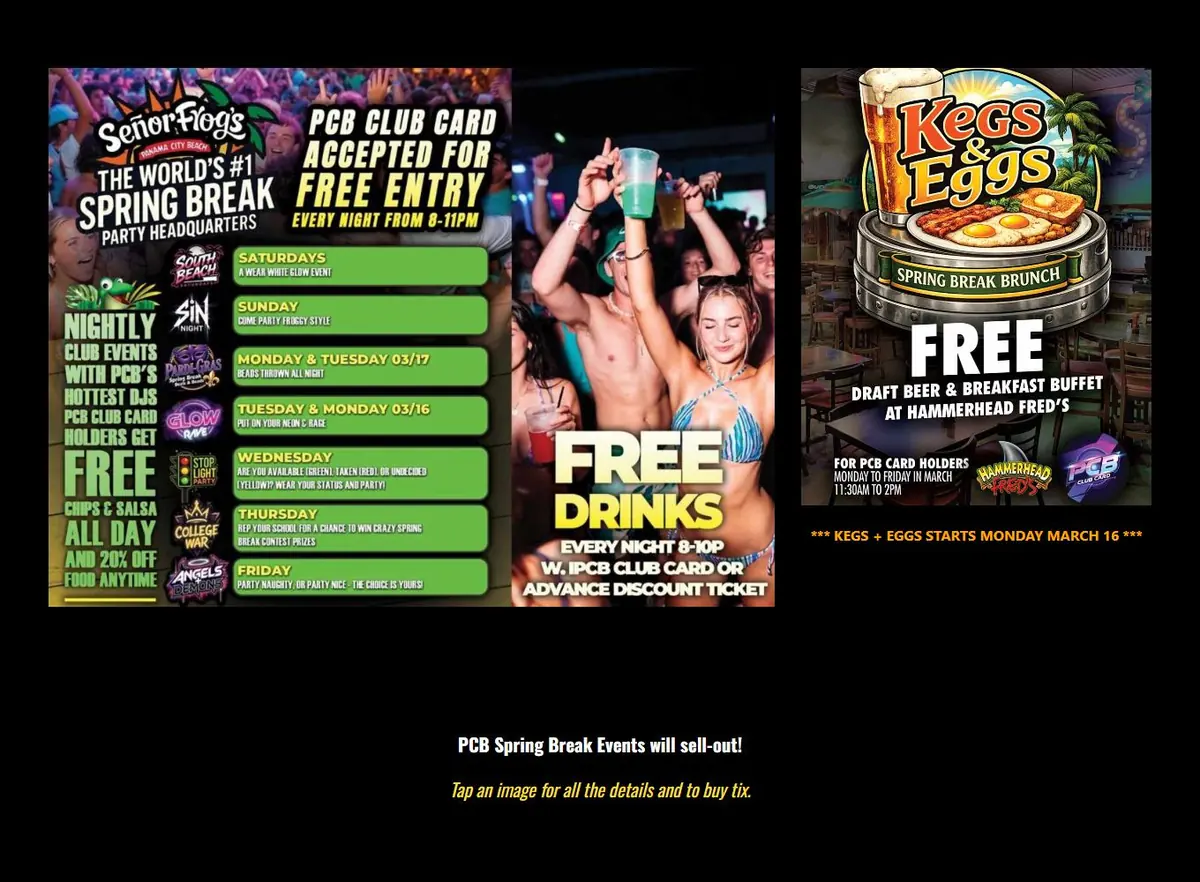 Panama City Beach Spring Break Events page with event flyers and a 'Tap an image for all the details and to buy tix' note