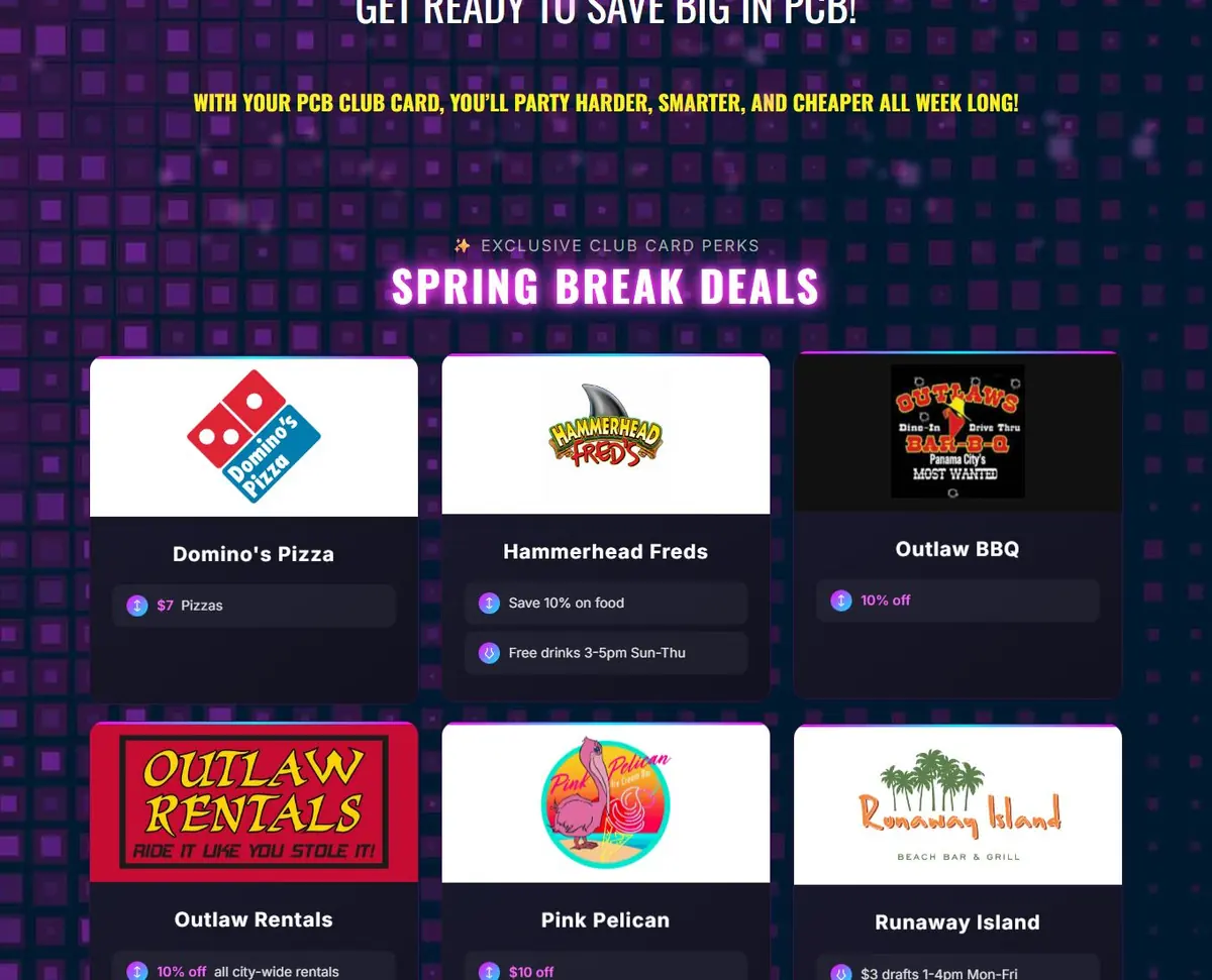 PCB Club Card Discounts page with partner logo cards listing spring break deals