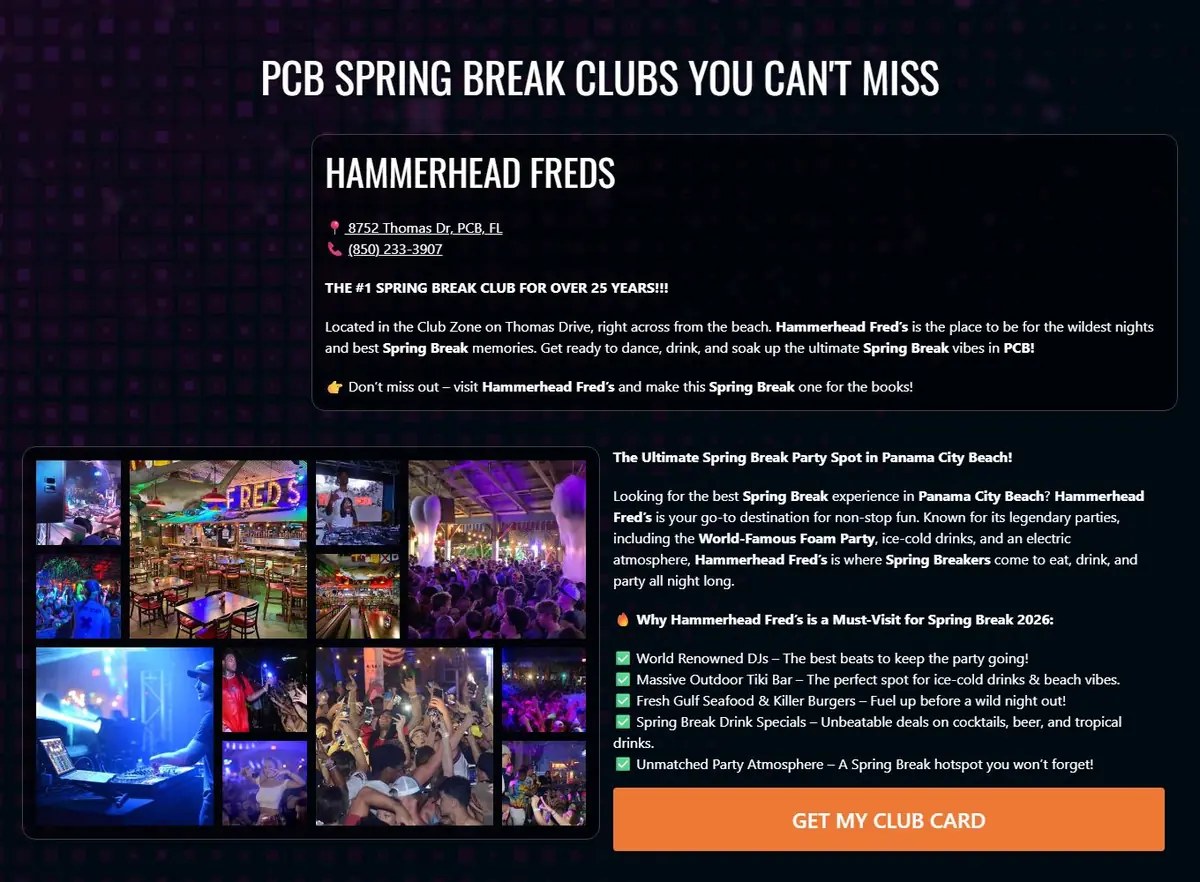 PCB Spring Break Clubs page featuring Hammerhead Fred's with address, photos, highlights and a Get My Club Card button
