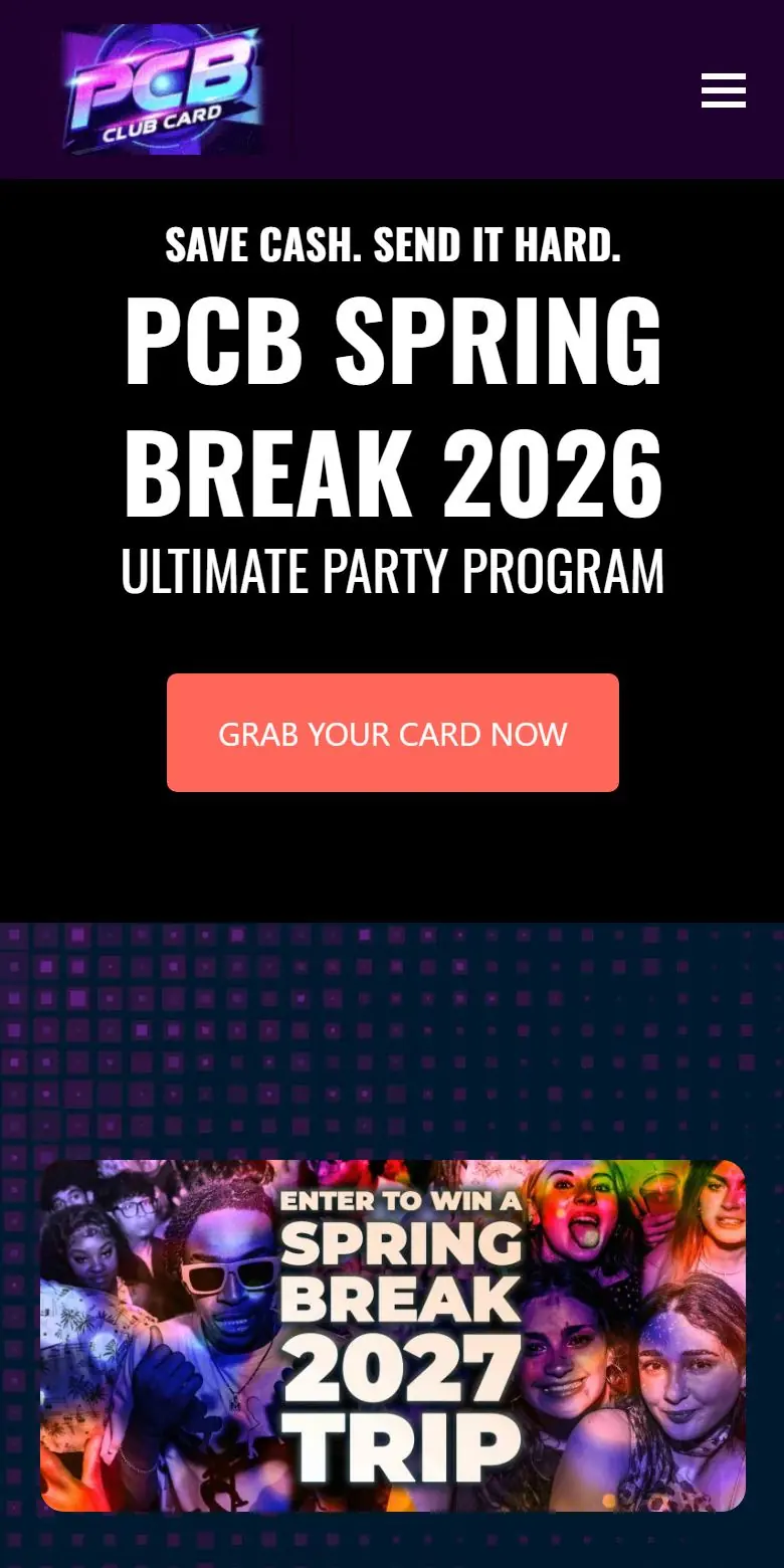 Mobile view of the PCB Club Card homepage with a Grab Your Card Now button and an Enter to Win a Spring Break 2027 Trip banner