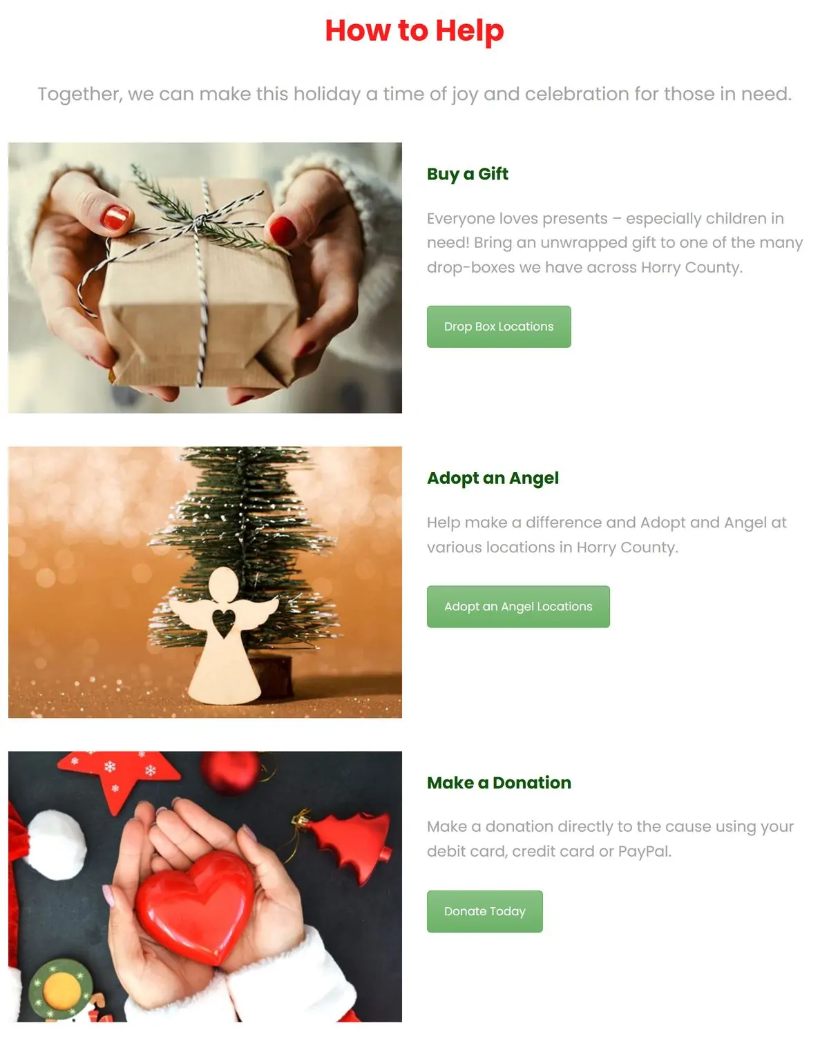 How to Help section with Buy a Gift, Adopt an Angel and Make a Donation cards and their buttons