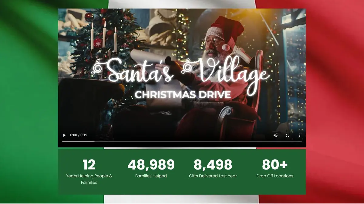 Santa's Village promo video above four green impact counters