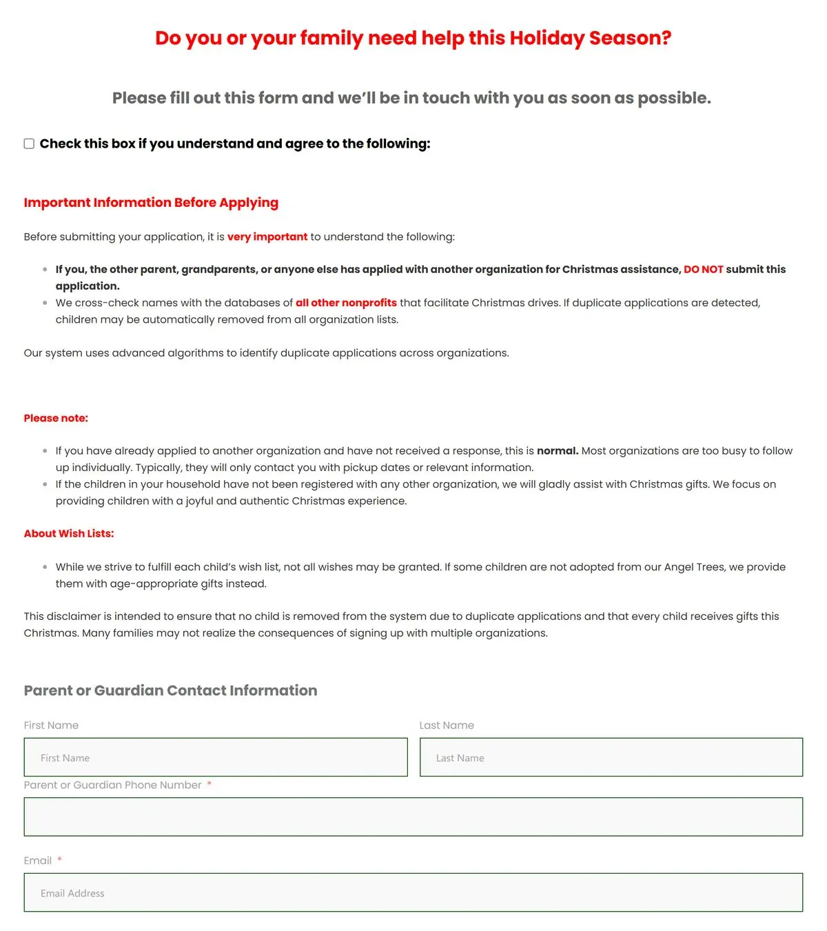 Need Help This Season page with the important information notice and parent contact fields