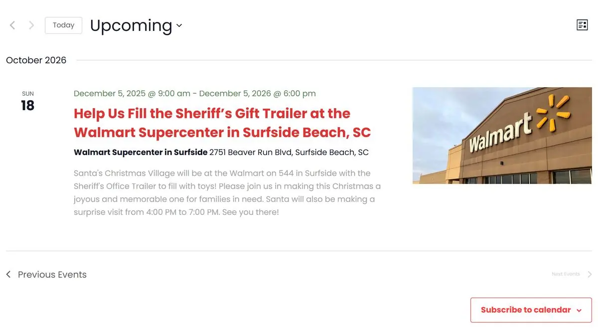 Events list showing an upcoming Help Us Fill the Sheriff's Gift Trailer event with a Subscribe to calendar button