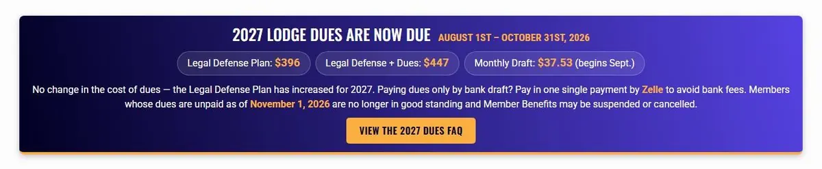 Homepage lodge dues banner with dates, plan option pills and a View the Dues FAQ button