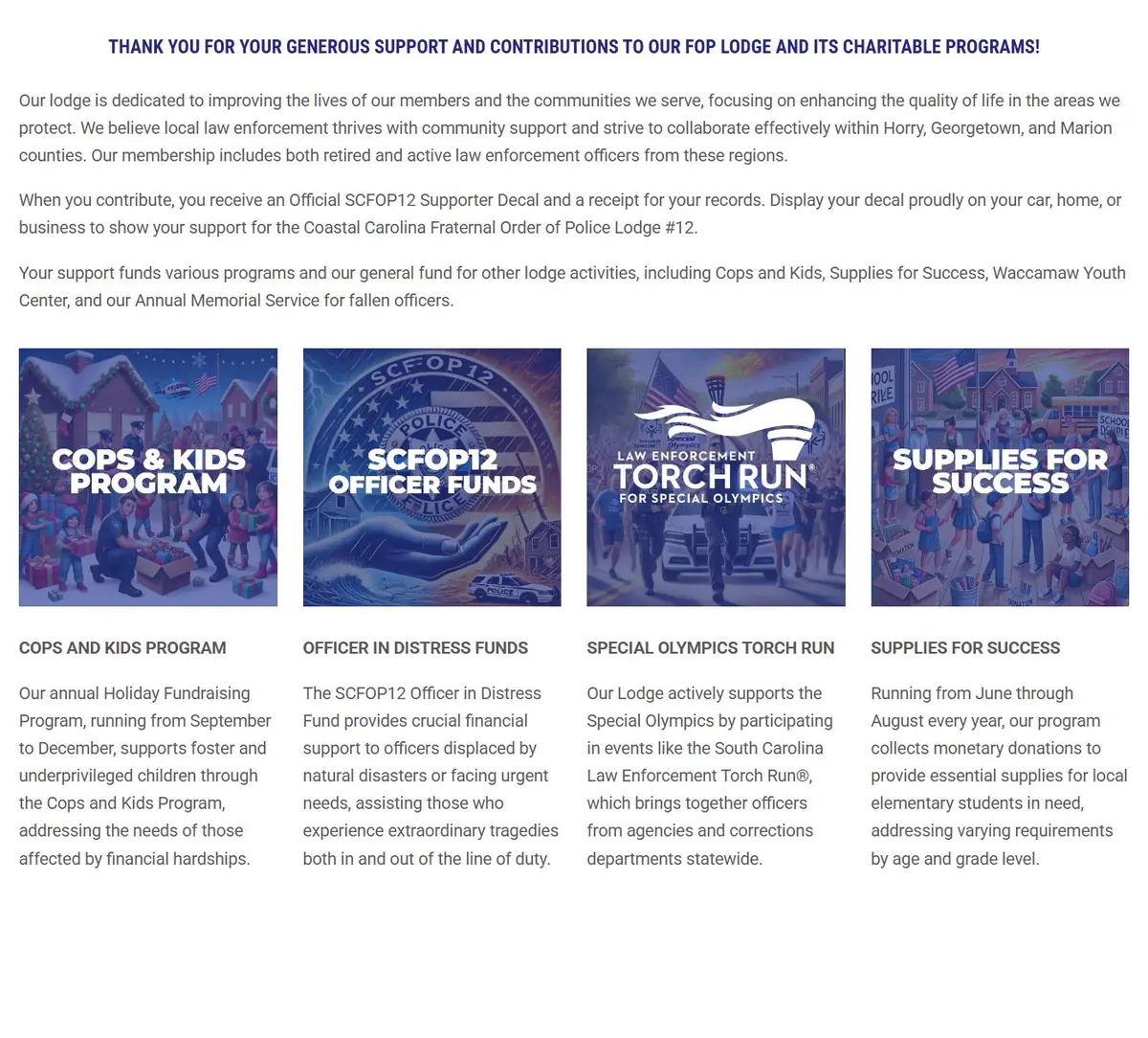 Make a Donation page with four program tiles and descriptions