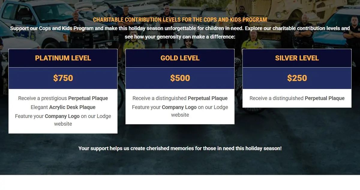 Cops and Kids charitable contribution levels with Platinum, Gold and Silver tiers
