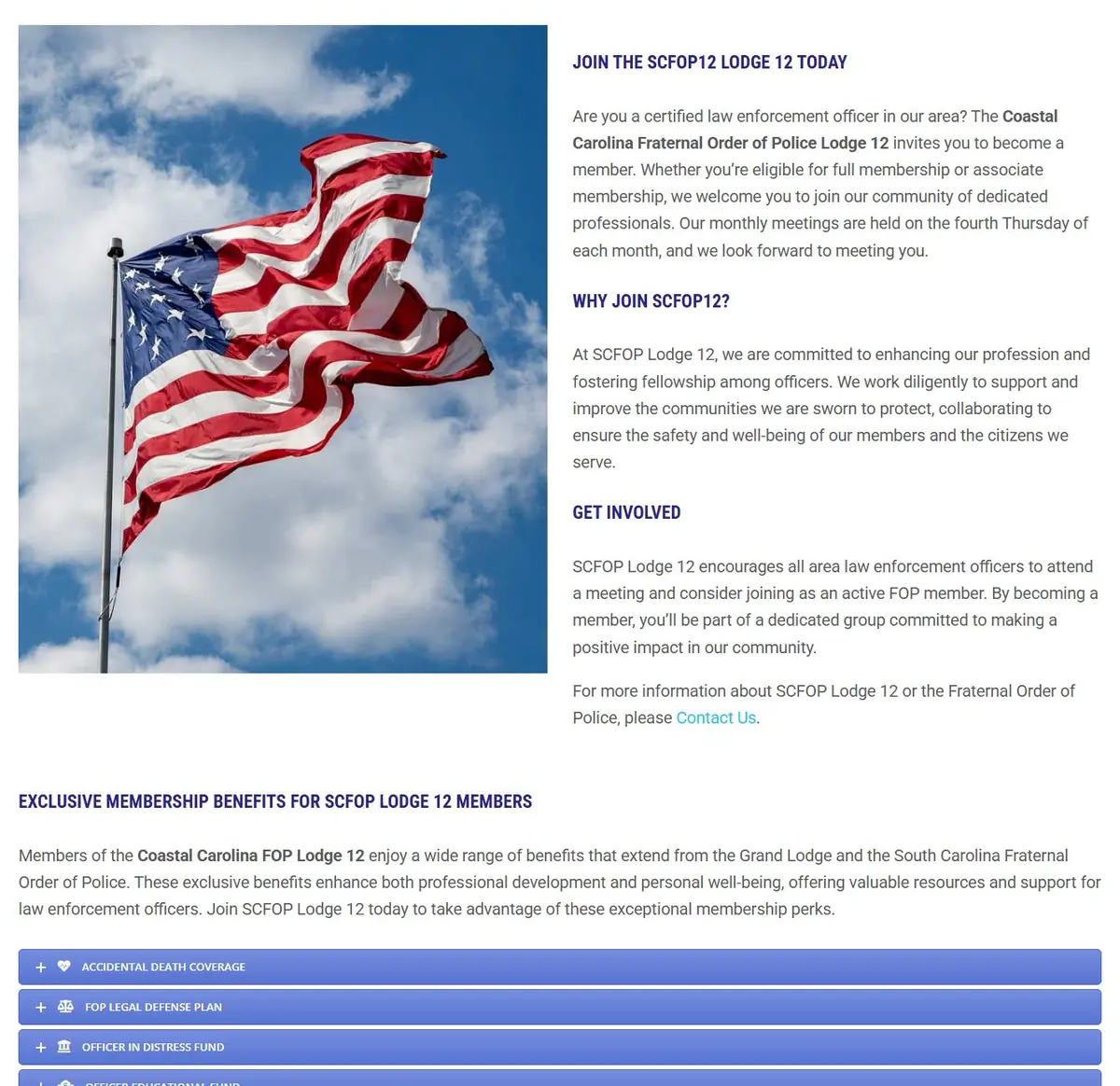 Become a SCFOP12 Member page with join information and an expandable list of membership benefits