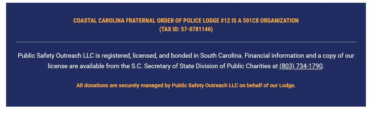 Donation transparency block showing the lodge's 501(c)(8) status and charity registration details