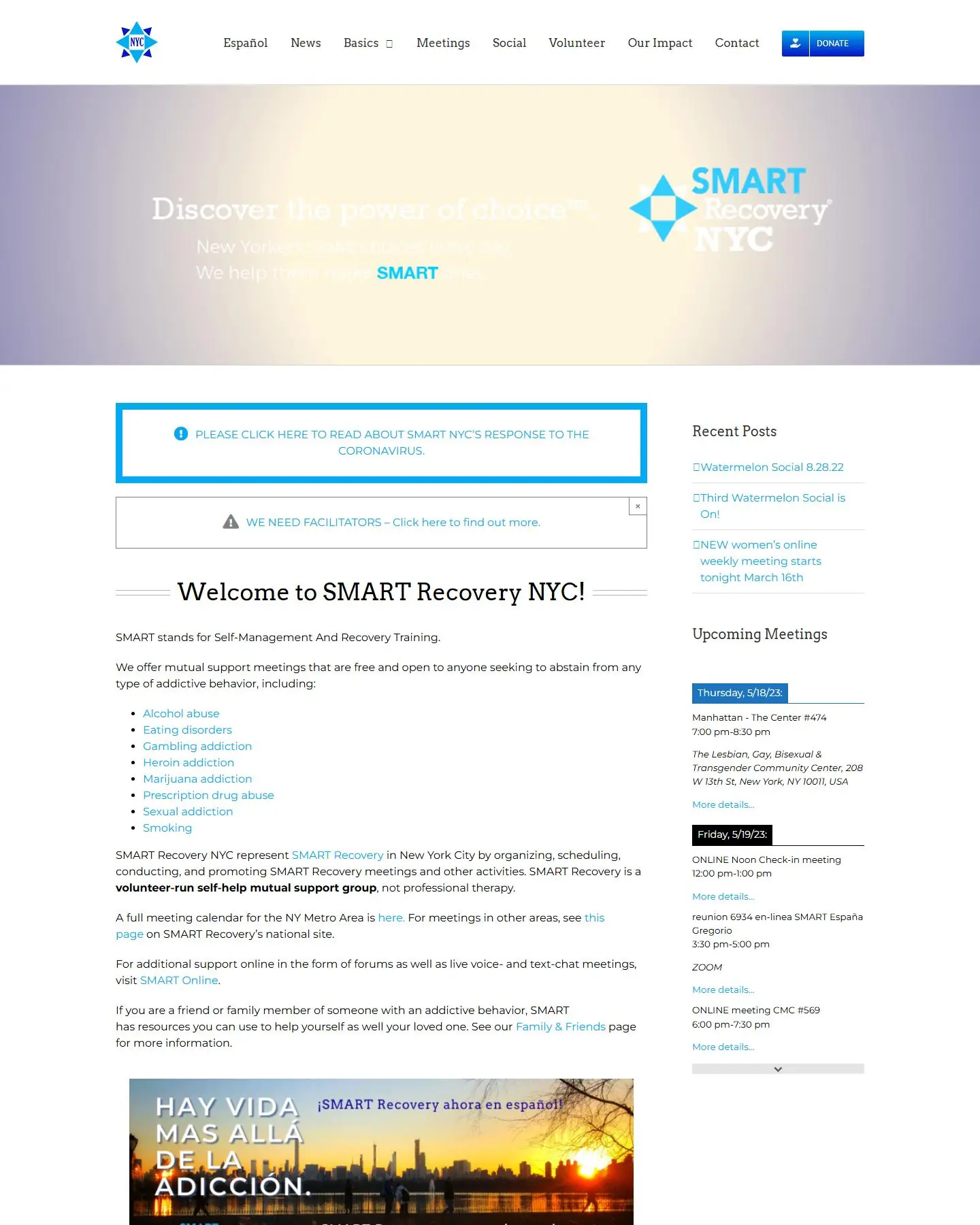 SMART Recovery NYC website before the rebuild